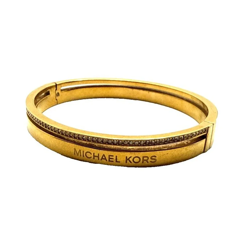 Michael Kors Gold Tone Crystal Rhinestone Bracelet Hinged Logo Bangle 7.5